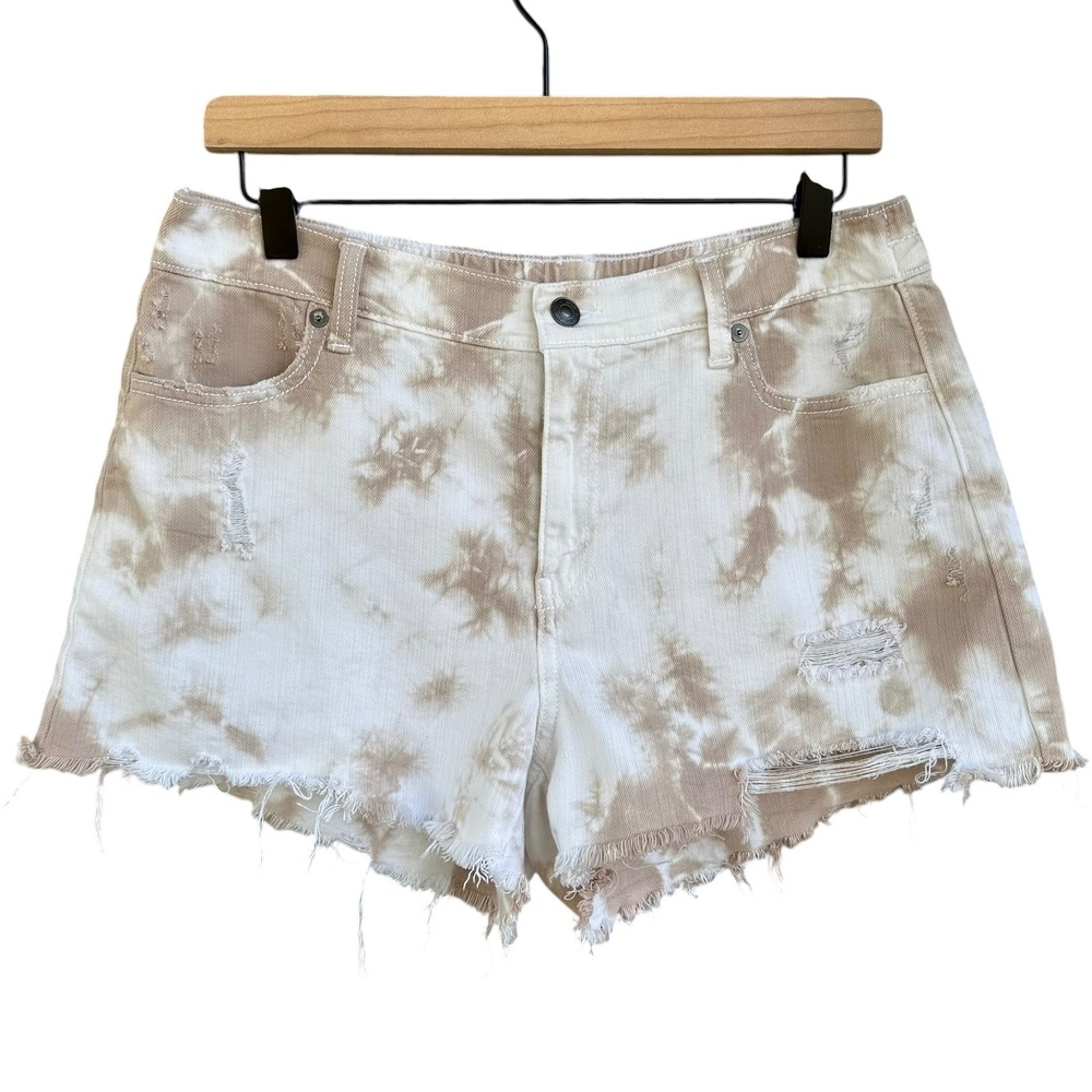 Aerie Tan White Tie Dye Distressed Denim Shorts M Elastic Back High Rise Raw Hem